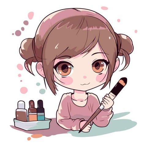 Girl with makeup tools. Cute cartoon style.