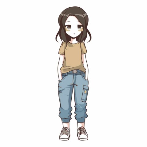 cute anime girl with long hair and casual clothes vector illustr