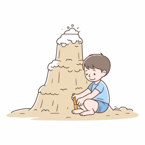 Little boy playing with sand and building a sand castle.