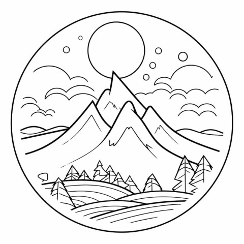 Mountain landscape in the circle for coloring book.