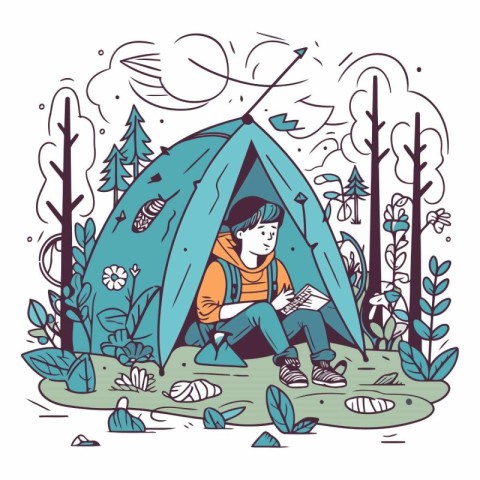 Vector illustration of a boy sitting in a tent and reading a boo