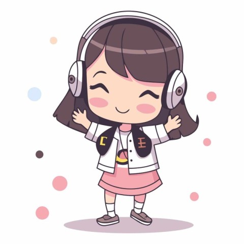 Cute girl listening to music with headphone on white background.