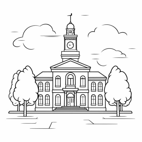 School building in the city. Black and white vector illustration