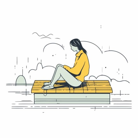 Woman sitting on a bench in the park in linear style.