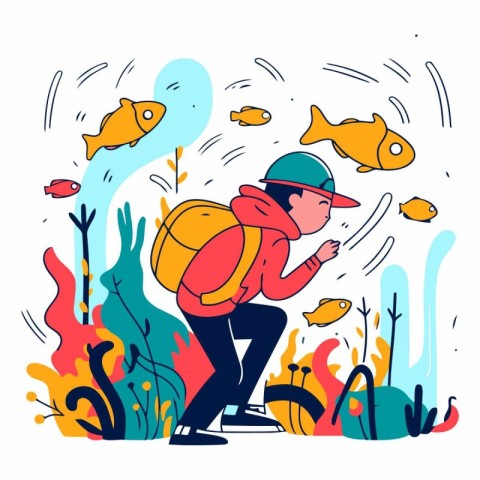 Traveler man with backpack and fish in the sea