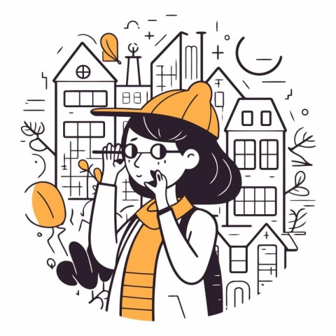 Vector illustration of a girl talking on the phone in the city.