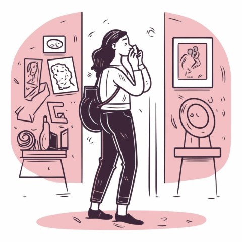 Vector illustration of a young woman visiting art gallery. looki