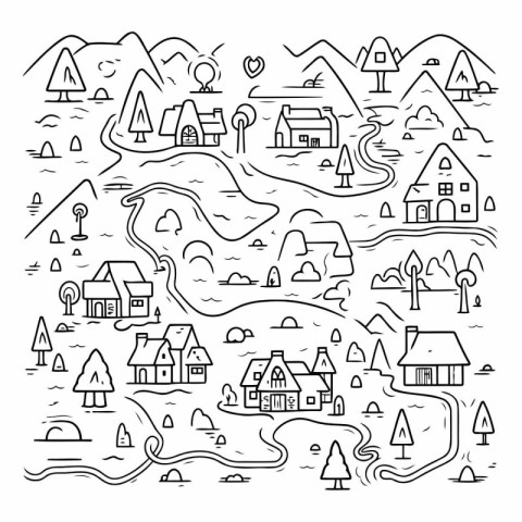 Hand drawn village doodle set. Line art.