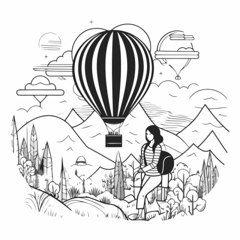 Woman on the mountain with hot air balloon in hand drawn style.