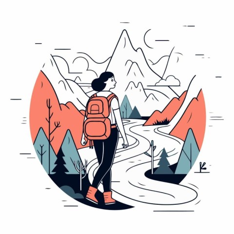 Vector illustration of a woman with a backpack hiking in the mou