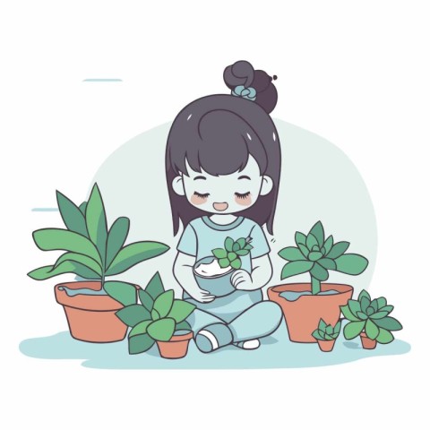 Girl taking care of houseplants. Cute cartoon vector illustratio