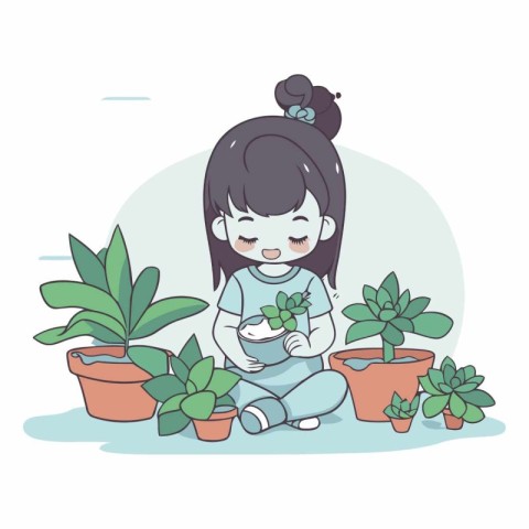 Girl taking care of houseplants. Cute cartoon vector illustratio