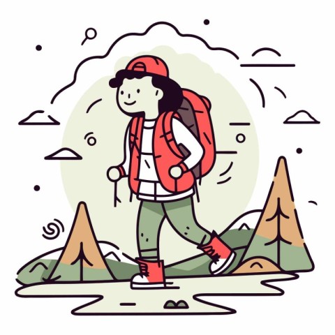 Vector illustration of a hiker with a backpack walking on the ro