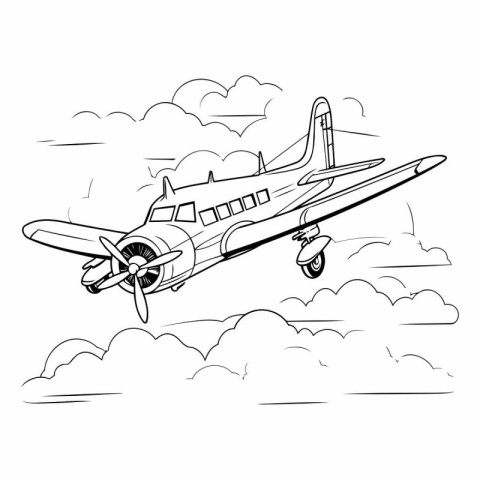 Airplane in the clouds. Hand drawn vector illustration on white