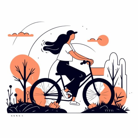 Young woman riding a bicycle in the park in flat style