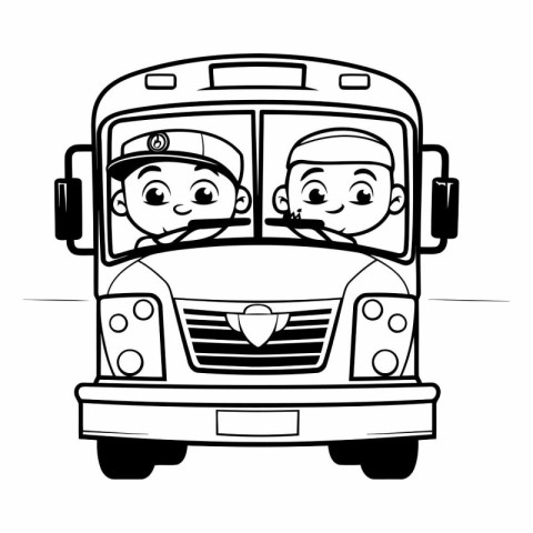 Black and White Cartoon Illustration of Kids Driving a School Bu