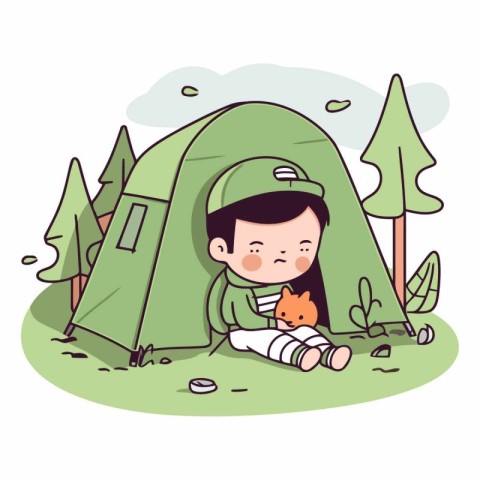 Cute little boy camping in the forest. Vector cartoon illustrati