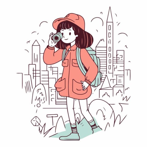 Tourist girl taking pictures of the city. Hand drawn vector illu