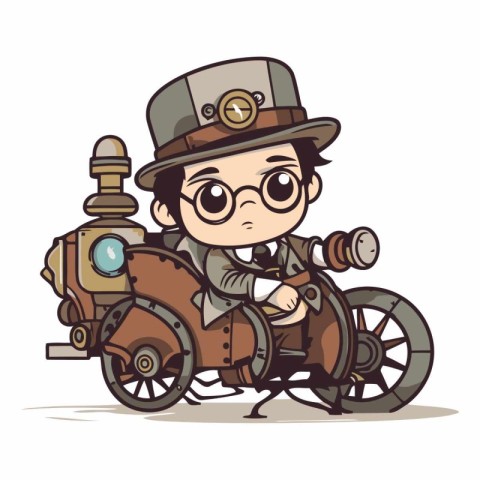 illustration of a boy in a hat and glasses riding a motorcycle