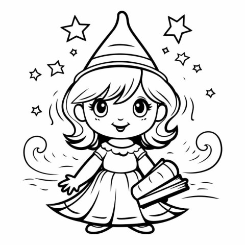 Black and White Cartoon Illustration of Cute Magician Fairy Tale