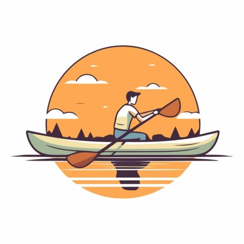 Man in canoe paddling on lake. Flat style vector illustration.