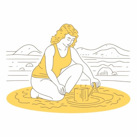 Vector illustration of a girl in a yellow swimsuit sitting on th