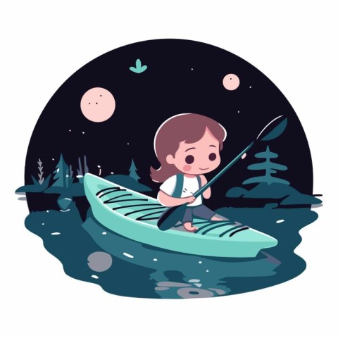 Cute little boy paddling a kayak in the river at night