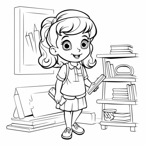 Black and White Cartoon Illustration of Cute Little Schoolgirl H