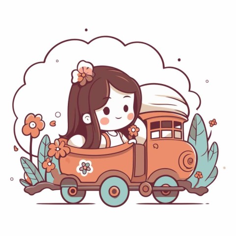 Cute little girl riding a retro train with flowers.