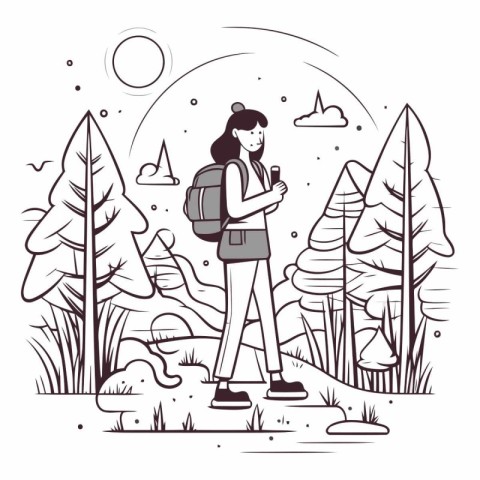 Tourist woman with backpack and smartphone design. Travel trip v