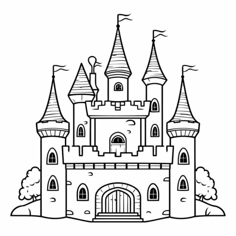 Cartoon castle. Black and white vector illustration for coloring