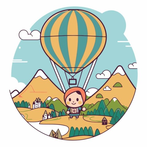 cute little girl in hot air balloon in the landscape vector illu