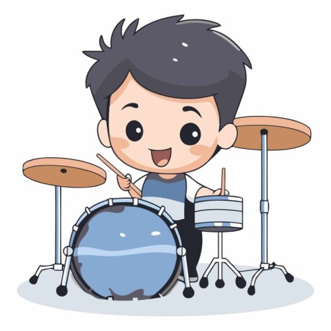 boy playing drums and cymbals. Cute cartoon vector illustration.