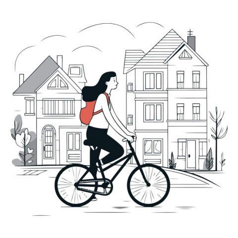 Young woman riding a bicycle in the city in flat style