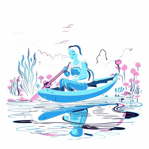 Man kayaking in a lake in cartoon style.