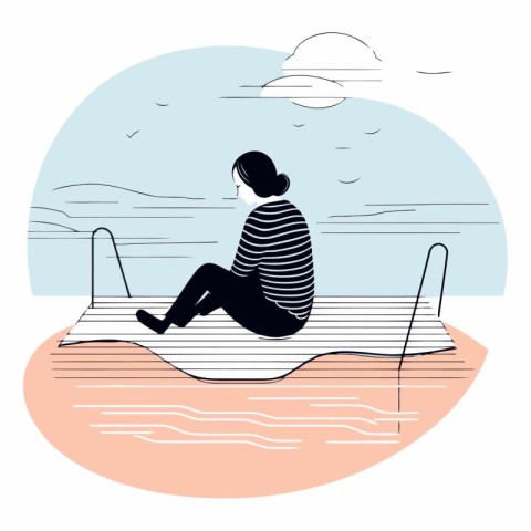 Young woman sitting on the beach in flat style.