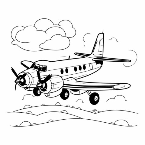 Airplane flying in the sky in black and white colors.