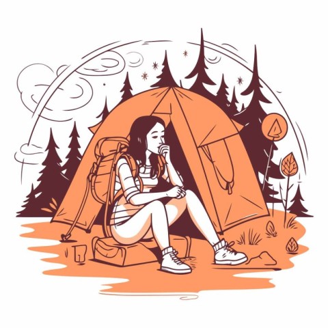 Young woman sitting near her tent in the forest.