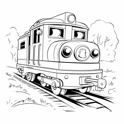 Train on rails. Black and white vector illustration for coloring