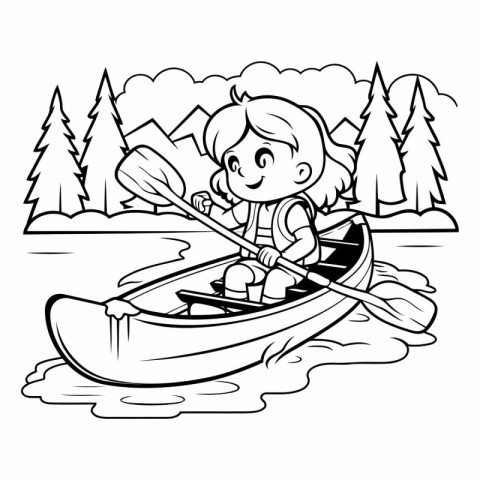 Black and White Cartoon Illustration of Kid Kayaking or Kayaking