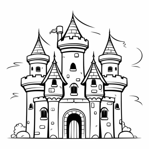 Fairytale castle. Black and white vector illustration for colori