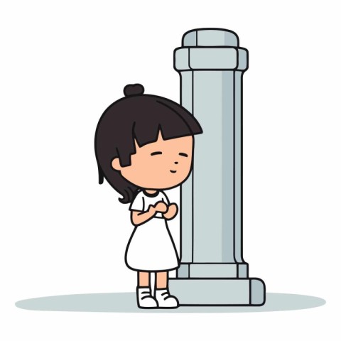 Little girl standing next to pillar in cartoon style.