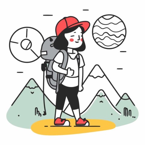 Vector illustration of a hiker girl with backpack and map in the