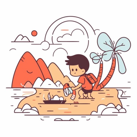 Cute little boy camping on the beach in thin line style.