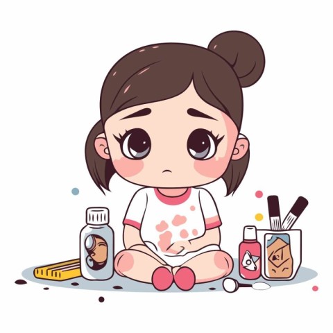 Cute little girl with cosmetics in cartoon style.