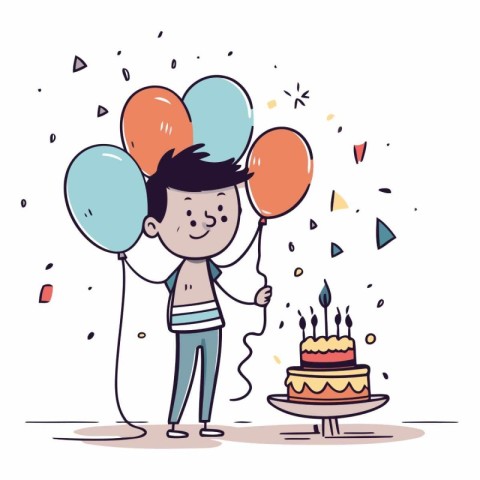 Happy boy with birthday cake and balloons in cartoon style.