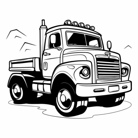 Pickup Truck on the road. Black and white vector illustration.