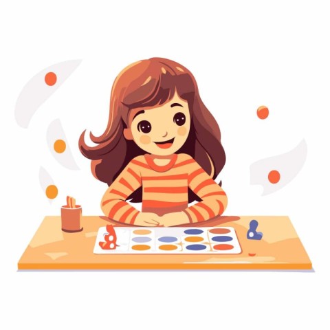 Cute little girl painting with paints in cartoon style