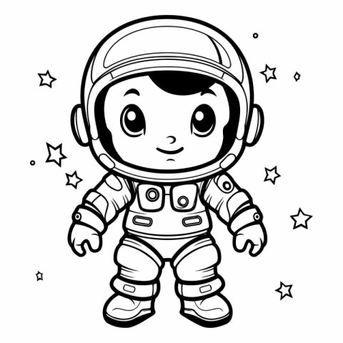 Black and White Cartoon Illustration of Cute Astronaut Boy Chara