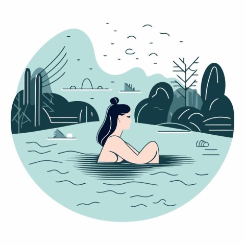 Vector illustration of a girl swimming in the river. Flat style.